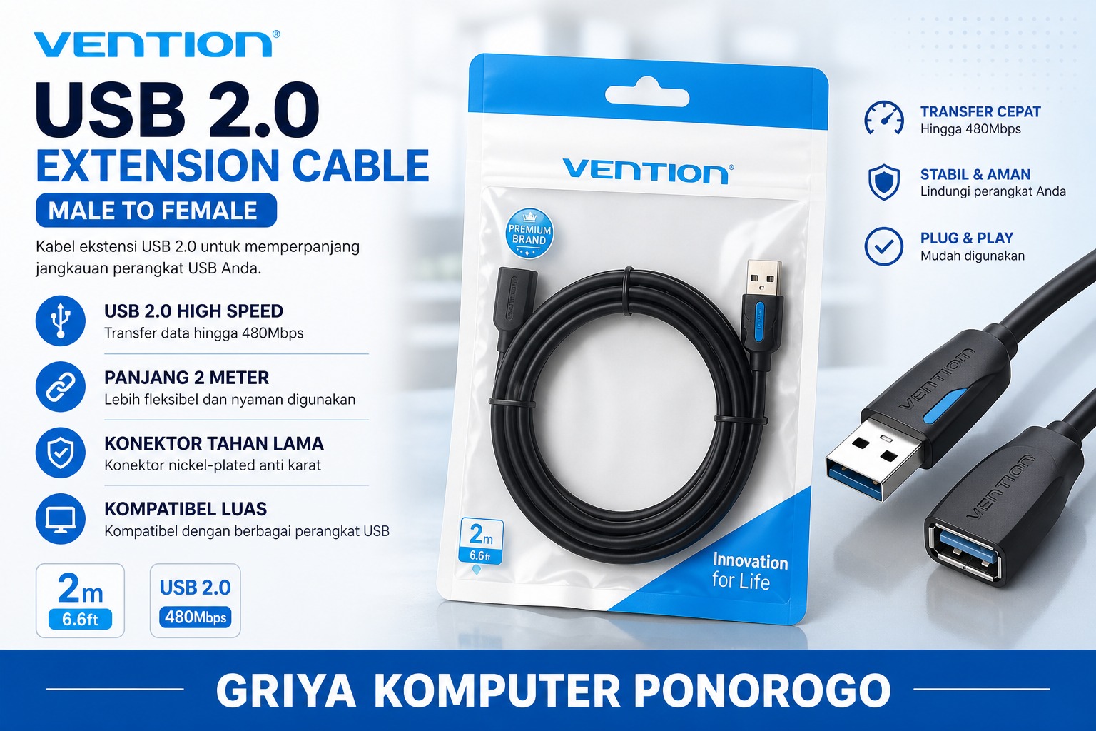Vention Kabel USB A 2.0 Extension Cable Male to Female 2m